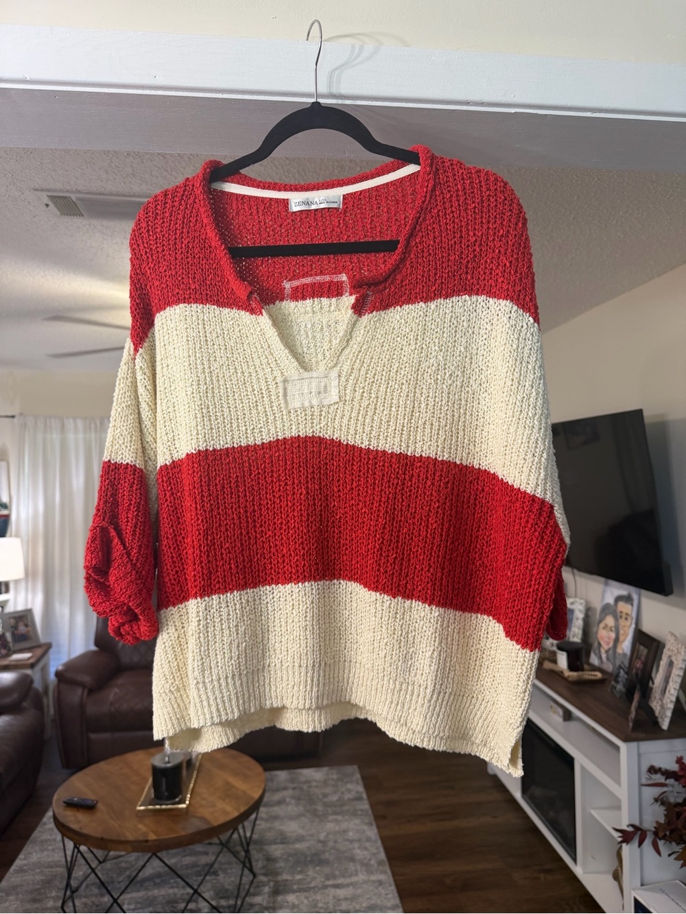 Zenana Outfitters Red and Cream Striped V‑Neck Sweater